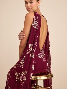 Lulus Sidonia Burgundy And Gold Floral Cowl Sash Maxi Dress Red - Size XS